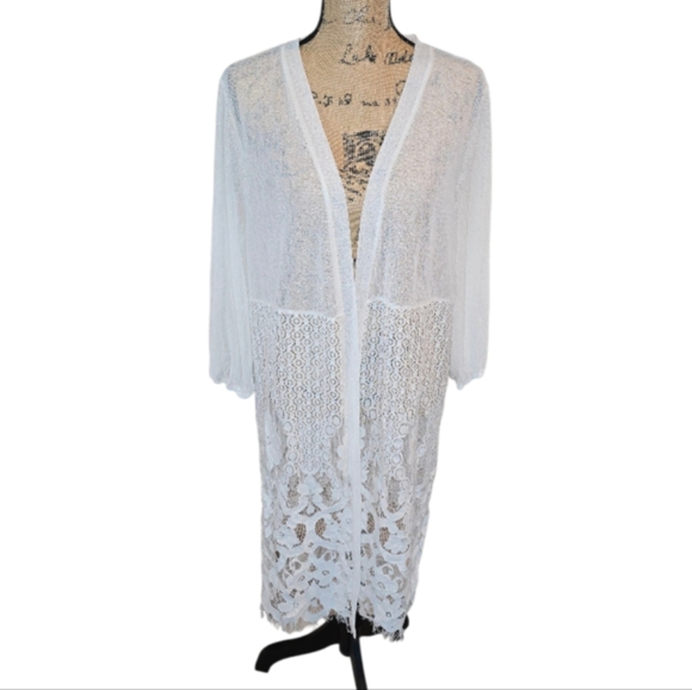 Ember White Lace Duster Kimono Cardigan Open Front Long‎ Sleeve Size 2X